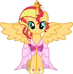 Size: 3500x3548 | Tagged: safe, artist:xebck, derpibooru import, edit, vector edit, sunset shimmer, alicorn, pony, equestria girls, magical mystery cure, alicornified, alternate universe, big crown thingy, clothes, coronation dress, crown, cute, dress, front, jewelry, looking at you, race swap, regalia, shimmerbetes, shimmercorn, simple background, smiling, solo, tiara, transparent background, vector