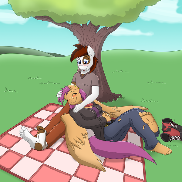 Size: 1000x1000 | Tagged: anthro, artist:caroo, barefoot, blanket, blushing, clothes, cutie mark crusaders non escape artists, derpibooru import, ear piercing, feet, female, grass, jeans, male, older, pants, piercing, pipsqueak, plantigrade anthro, ripped jeans, safe, scarf, scootaloo, scootasqueak, shipping, shoes off, shoes removed, sleeping, straight