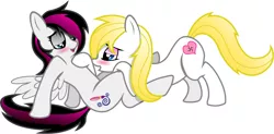 Size: 2004x989 | Tagged: suggestive, artist:varlastreak, derpibooru import, oc, oc:aryanne, oc:varla streak, unofficial characters only, earth pony, pegasus, pony, blushing, brush, female, females only, heart, image, implied cunnilingus, implied oral, implied sex, lesbian, looking down, looking up, mare, moaning, nazi, on back, png, shipping, simple background, swastika