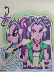 Size: 1536x2048 | Tagged: safe, artist:emichaca, derpibooru import, aria blaze, ponified, pony, equestria girls, rainbow rocks, equestria girls ponified, smiling, solo, traditional art