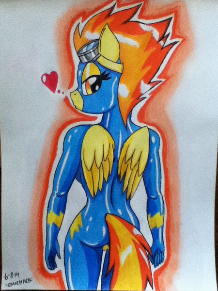 Size: 720x960 | Tagged: anthro, artist:emichaca, ass, derpibooru import, from behind, heart, looking back, solo, spitfire, suggestive, traditional art, wonderbolts uniform