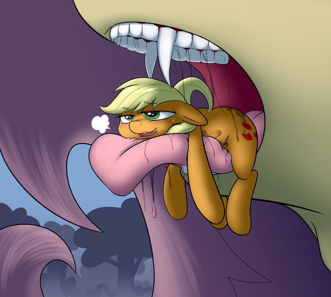 Size: 2000x1797 | Tagged: questionable, artist:khorme, derpibooru import, applejack, fluttershy, bat pony, earth pony, pony, appletini, blushing, drool, drool string, duo, euphoric, fangs, female, fetish, flutterbat, flutterpred, imminent vore, mare, micro, soft vore, tongue out, vore