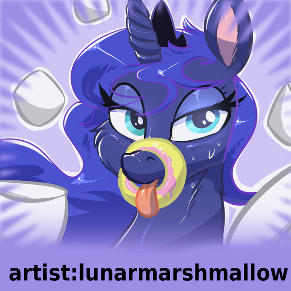 Size: 1024x1024 | Tagged: safe, artist:lunarmarshmallow, derpibooru import, princess luna, derpibooru, :p, bedroom eyes, blushing, donut, donutsnootle, fluffy, implied ponut, looking at you, marshmallow, meta, official spoiler image, smiling, solo, spoilered image joke, sweat, tongue out