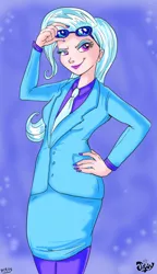 Size: 504x873 | Tagged: safe, artist:jowybean, derpibooru import, trixie, human, business suit, clothes, dress, dress suit, glasses, humanized, looking at you, nail polish, smiling, smirk, solo