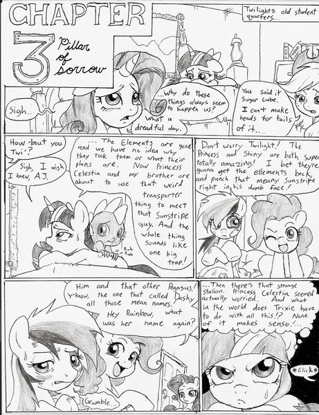 Size: 916x1192 | Tagged: applejack, artist:joelashimself, comic, derpibooru import, monochrome, pinkie pie, rainbow dash, rarity, safe, spike, the forgotten element, twilight sparkle