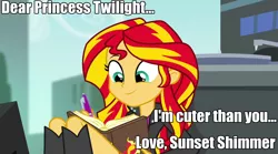 Size: 1280x714 | Tagged: safe, derpibooru import, edit, screencap, sunset shimmer, twilight sparkle, equestria girls, rainbow rocks, book, cute, image macro, meme, rivalry, shimmerbetes, sitting, smiling, solo, writing