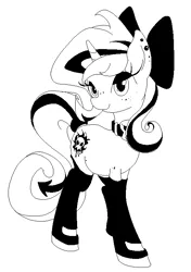Size: 510x726 | Tagged: safe, artist:gezawatt, derpibooru import, oc, oc:lilith, unofficial characters only, pony, succubus, unicorn, bedroom eyes, boots, bow, clothes, collar, cutie mark, digital art, earring, eyeshadow, female, freckles, gloves, hair bow, latex, leggings, looking at you, makeup, mare, monochrome, piercing, pixel art, plump, ribbon, solo, stockings, tail