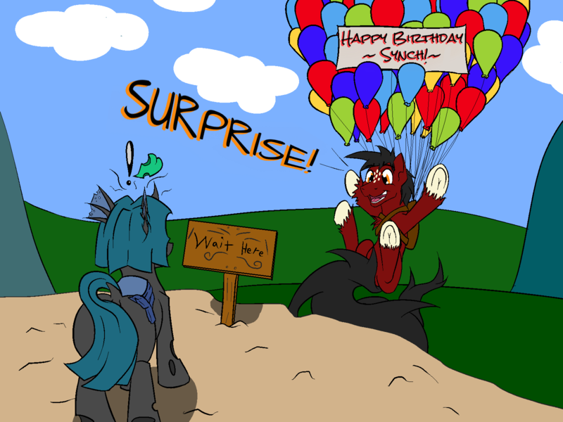 Size: 1600x1200 | Tagged: safe, artist:kassc, derpibooru import, oc, oc:losian, oc:synch, unofficial characters only, changeling, earth pony, pony, balloon, cliff, cloud, cloudy, colorful, emoticon, exclamation point, fulton surface-to-air recovery system, happy, happy birthday, heart, hill, lonch, male, rear view, sign, sky, stallion, strings, unshorn fetlocks