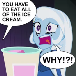 Size: 600x600 | Tagged: safe, derpibooru import, edit, edited screencap, screencap, trixie, equestria girls, rainbow rocks, crying, faic, ice cream, running makeup, you have to eat all the eggs