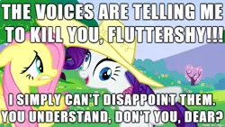 Size: 610x343 | Tagged: safe, derpibooru import, fluttershy, rarity, pony, caption, derp, female, image macro, insanity, mare, meme, tree