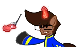 Size: 752x464 | Tagged: artist:nerdymexicanunicorn, derpibooru import, fallout, fallout 3, fallout equestria, fallout shelter, glasses, gun, magic, oc, oc:nerdy, revolver, safe, simple background, smiling, transparent background, unofficial characters only, vault 101 suit, vault suit, weapon