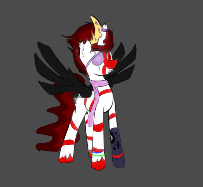 Size: 1280x1178 | Tagged: safe, artist:marsminer, derpibooru import, oc, oc:crimson bloodwing, unofficial characters only, alicorn, changeling, cyborg, pony, broken horn, clothes, colored wings, joke oc, scarf