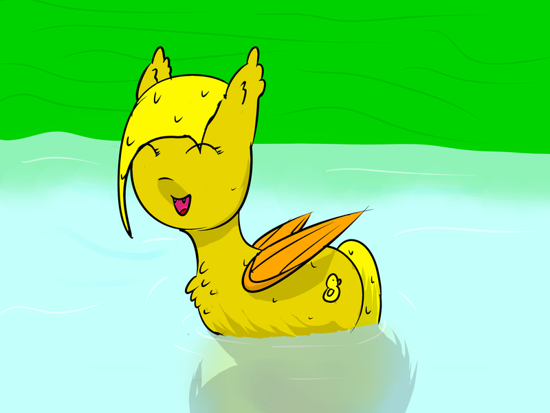 Size: 3200x2400 | Tagged: safe, artist:ampderg, derpibooru import, oc, oc:ducky, unofficial characters only, bat pony, pony, chest fluff, cute, duck pond, pond, quack, solo, water