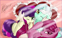 Size: 600x375 | Tagged: adorasexy, artist:pen-mightier, bed, bedroom eyes, berry punch, berryshine, bon bon, cuddling, cute, derpibooru import, human, lyra heartstrings, petting, sexy, snuggling, suggestive, sweetie drops