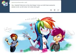 Size: 1735x1277 | Tagged: safe, artist:manic-the-lad, derpibooru import, rainbow dash, scootaloo, equestria girls, a dash of everything, ask, awesome as i want to be, dashblitz, female, male, rainbow blitz, rule 63, self ponidox, selfcest, shipping, straight, tumblr