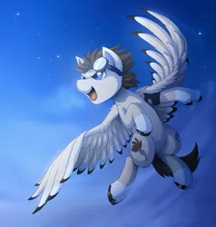 Size: 872x917 | Tagged: safe, artist:hioshiru, derpibooru import, oc, unofficial characters only, pegasus, pony, both cutie marks, cheek fluff, chest fluff, cloud, colored hooves, colored pupils, colored wings, colored wingtips, digital art, ear fluff, fluffy, flying, goggles, leg fluff, male, open mouth, sky, socks (coat marking), solo, spread wings, stallion, starry night, unshorn fetlocks, wing fluff, wings