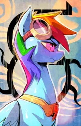 Size: 515x797 | Tagged: dead source, safe, artist:sunibee, derpibooru import, rainbow dash, pegasus, pony, fanfic:austraeoh, bust, element of loyalty, fanfic art, female, goggles, mare, portrait, profile, solo