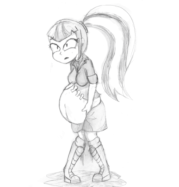 Size: 1280x1336 | Tagged: suggestive, artist:mlp-pregnancy-is-magic, derpibooru import, sonata dusk, equestria girls, amniotic fluid, belly, belly button, birth, birthing, crossed legs, female, imminent birth, labor, monochrome, ponytail, pregnant, pregnant equestria girls, shocked, sketch, solo, solo female, uh oh, waterbreak