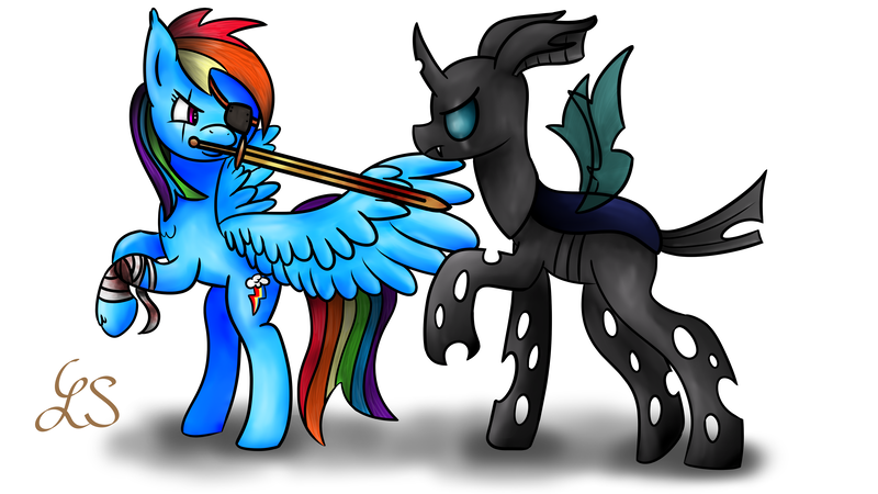 Size: 5125x2880 | Tagged: safe, artist:gyroc, derpibooru import, rainbow dash, changeling, eyepatch, fight, sword