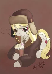 Size: 620x877 | Tagged: artist:ckyeli, clothes, coat, cup, derpibooru import, hat, looking at you, lying down, march gustysnows, mocha, safe, signature, solo, ushanka