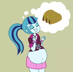 Size: 1280x1268 | Tagged: safe, artist:mlp-pregnancy-is-magic, artist:slimeyjenkins, derpibooru import, sonata dusk, equestria girls, belly, belly button, big belly, colored, food, pregnant, pregnant equestria girls, solo, sonataco, taco, thought bubble