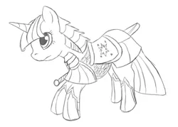 Size: 1013x727 | Tagged: safe, artist:flak--k, derpibooru import, twilight sparkle, armor, fantasy class, knight, monochrome, solo, warrior