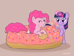 Size: 1000x760 | Tagged: safe, artist:empyu, derpibooru import, pinkie pie, twilight sparkle, twilight sparkle (alicorn), alicorn, pony, 30 minute art challenge, :t, donut, eating, eyes closed, female, grin, happy, magic, mare, messy eating, smiling, telekinesis, this will end in weight gain