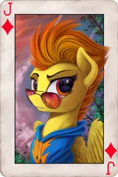 Size: 1100x1650 | Tagged: safe, artist:yakovlev-vad, derpibooru import, spitfire, pony, bust, clothes, female, hoodie, looking at you, mare, playing card, smiling, solo, sunglasses