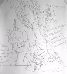 Size: 846x945 | Tagged: artist:goomingtoll, derpibooru import, erlenmeyer flask, flask, flaskhead hearts, hoof fetish, hooves, hung upside down, leaf, lemon hearts, micro, missing cutie mark, monochrome, oc, oc:emperor vines, plant, pot, safe, size difference, tickle torture, tickling, toothbrush, traditional art, twinkleshine, underhoof, upside down, vine