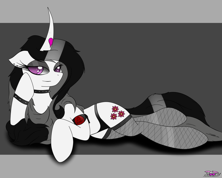 Size: 2000x1606 | Tagged: safe, artist:rubi, derpibooru import, oc, oc:solus, unofficial characters only, pony, unicorn, black underwear, bracelet, clothes, collar, eyeshadow, fishnets, goth, makeup, panties, solo, stockings, thirty seconds to mars, underwear