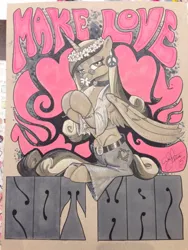 Size: 768x1024 | Tagged: artist:andypriceart, bedroom eyes, belt, choker, clothes, derpibooru import, earring, flower, glasses, hippie, looking at you, love, make love not war, pants, patchwork, piercing, pink, princess cadance, safe, sagging, smelling, smiling, solo, traditional art, war