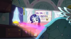 Size: 1052x584 | Tagged: canterlot boutique, clothes, crepuscular rays, derpibooru import, dress, princess dress, rainbow, rarity, rules of rarity, safe, screencap, solo, sunlight