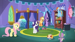 Size: 1862x1054 | Tagged: safe, derpibooru import, screencap, applejack, fluttershy, pinkie pie, rainbow dash, rarity, spike, twilight sparkle, twilight sparkle (alicorn), alicorn, pony, spoiler:s05, ball, bouncing, female, luxo's ball, mane seven, mane six, mare, pixar, reference