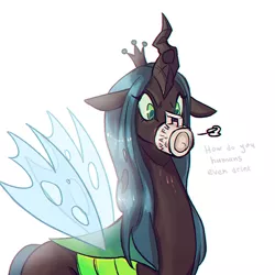 Size: 600x600 | Tagged: artist:zilvtree-zauani, changeling, changeling queen, chromatic aberration, coffee mug, cute, cutealis, dead source, derpibooru import, dialogue, female, horse problems, queen chrysalis, safe, simple background, solo