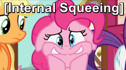 Size: 524x294 | Tagged: animated, applejack, blinking, derpibooru import, descriptive noise, excited, floppy ears, image macro, internal squeeing, meme, pinkie pie, rarity, reaction image, safe, screencap, shaking, squee, the one where pinkie pie knows, x internally