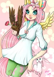 Size: 2893x4092 | Tagged: angel bunny, artist:caindra, derpibooru import, eared humanization, fluttershy, human, humanized, owl, rose, safe, tailed humanization, winged humanization