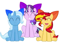 Size: 3805x2737 | Tagged: dead source, safe, artist:comfydove, derpibooru import, starlight glimmer, sunset shimmer, trixie, pony, unicorn, bow, cute, diatrixes, eyes closed, glimmerbetes, grin, hair bow, happy, magical trio, mane bow, open mouth, ribbon, shimmerbetes, simple background, sitting, smiling, transparent background, underhoof, vector