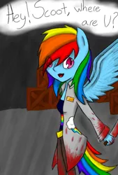 Size: 800x1184 | Tagged: anthro, artist:jadekettu, blood, derpibooru import, fanfic:rainbow factory, human facial structure, knife, pegasus device, rainbow dash, semi-grimdark, solo