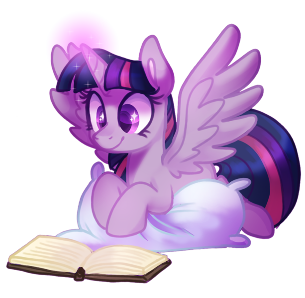 Size: 1024x1003 | Tagged: safe, artist:voraire, derpibooru import, twilight sparkle, twilight sparkle (alicorn), alicorn, pony, adorkable, book, cute, dork, female, magic, mare, pillow, prone, reading, simple background, solo, spread wings, transparent background