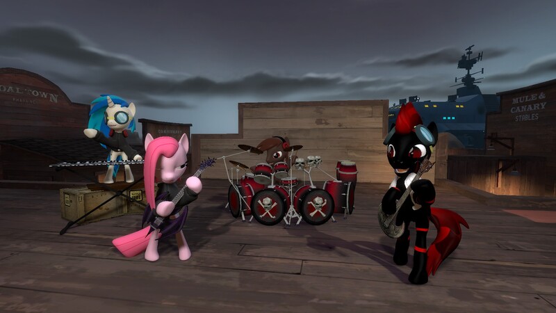 Size: 1920x1080 | Tagged: 3d, artist:hazard redmane, band, derpibooru import, drums, gmod, goggles, guitar, keyboard, music, oc, oc:gamepad flightfoot, oc:hazard redmane, pinkamena diane pie, pinkie pie, safe, vinyl scratch