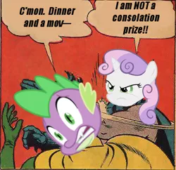 Size: 320x310 | Tagged: semi-grimdark, derpibooru import, edit, spike, sweetie belle, 1000 hours in gimp, anti-shipping, batman and robin, batman slaps robin, female, image macro, implied shipping, implied sparity, implied straight, implied sweetiemash, male, meme, my parents are dead, shipping, shipping denied, slap, spikebelle, straight