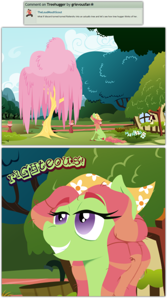 Size: 1104x1971 | Tagged: safe, artist:grievousfan, derpibooru import, fluttershy, tree hugger, earth pony, pony, bedroom eyes, colored hooves, dendrification, female, fluttertree, grin, mare, smiling, tree, weeping willow