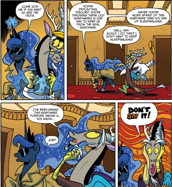 Size: 1291x1399 | Tagged: derpibooru import, discord, exploitable meme, fine art parody, idw, meme, meme origin, parody, princess luna, safe, screamcord, spoiler:comic, terminator, the scream