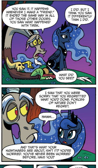 Size: 336x574 | Tagged: safe, artist:brendahickey, derpibooru import, idw, discord, princess luna, alicorn, draconequus, pony, friends forever, spoiler:comic, spoiler:comicff20, comic, duo, ethereal mane, female, male, mare, official comic, speech bubble, starry mane