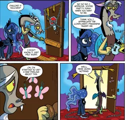 Size: 1283x1235 | Tagged: derpibooru import, discord, fluttershy, idw, princess luna, safe, spoiler:comic