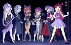 Size: 1582x1000 | Tagged: safe, artist:uotapo, derpibooru import, apple bloom, babs seed, diamond tiara, scootaloo, silver spoon, sweetie belle, vampire, werewolf, equestria girls, adorababs, adorabloom, big babs wolf, blood, blood the last vampire, blood transfusion, blushing, cape, clothes, costume, covering, crossover, cute, cutealoo, cutie mark crusaders, diamondbetes, diasweetes, dress, embarrassed, equestria girls-ified, evening gloves, fangs, female, glasses, gloves, goth, gothic, halloween, high heels, holiday, iv, katana, leotard, looking at you, necklace, open mouth, scooter, silverbetes, sweat, sword, uotapo is trying to murder us, uotapo will kill us all, weapon, wings, wolf costume