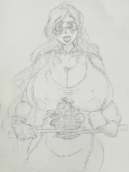 Size: 1505x2000 | Tagged: apron, artist:jericoanon, big breasts, breasts, busty twist, clothes, cupcake, derpibooru import, female, gem, huge breasts, human, humanized, monochrome, sketch, solo, solo female, suggestive, traditional art, twist