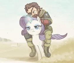 Size: 1376x1183 | Tagged: safe, artist:kimi-the-sioux, derpibooru import, rarity, human, pony, unicorn, big boss, camouflage, crossover, d-horse, duo, eyepatch, female, humans riding ponies, konami, magic, male, man, mare, metal gear, metal gear solid, metal gear solid 5, punished snake, rariquest, rarity being dragged to her destiny, riding, venom snake