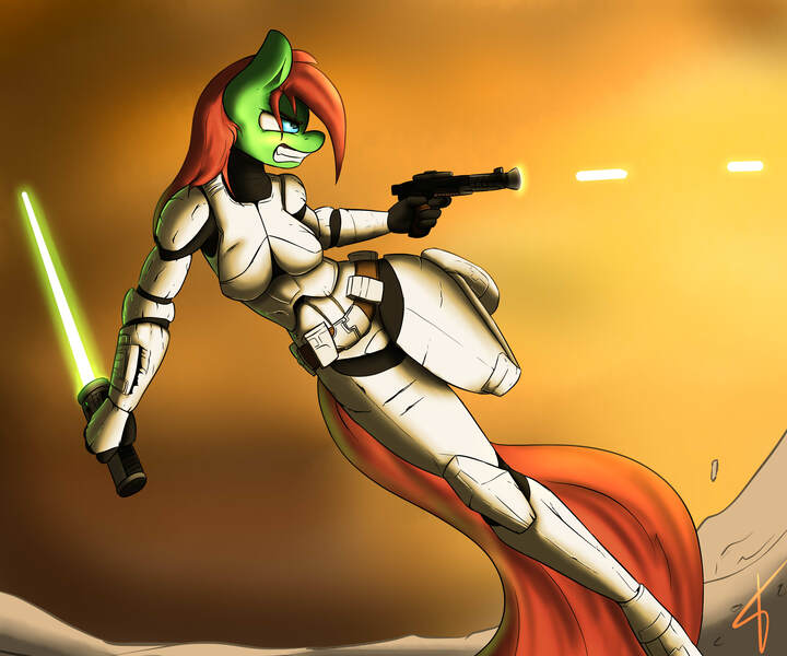 Size: 3000x2500 | Tagged: anthro, artist:jamesjackobgermany, blaster, cleavage, commission, crossover, derpibooru import, energy weapon, female, laser, lightsaber, oc, oc:pending storm, safe, solo, star wars, stormtrooper, unguligrade anthro, unofficial characters only, weapon