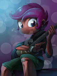 Size: 1024x1365 | Tagged: dead source, safe, artist:ibsn, derpibooru import, scootaloo, equestria girls, electric guitar, guitar, solo, watermark